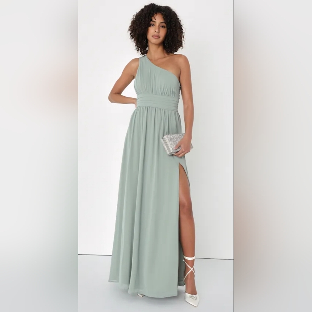 Lulu's One-Shoulder Sage Green Maxi Dress Size Medium